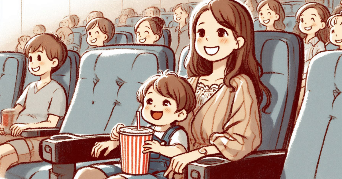 映画を鑑賞する母親と幼児