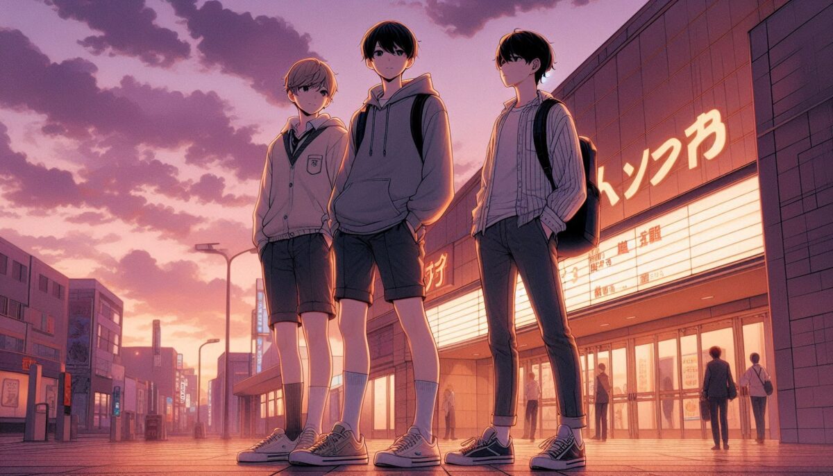 夕暮れ時に映画館の前に集まった男子中学生3人組